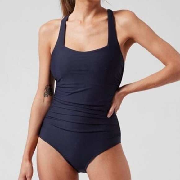 🚨 Athleta Square Neck One Piece Swimsuit Navy Blue - Picture 1 of 11